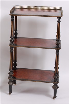Lot 1503 - A Victorian ebonised and amboyna three-tier...
