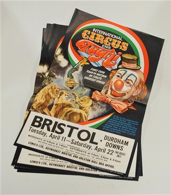 Lot 390 - A set of six promotional posters for the International Circus Enis Toghi, Bristol April 11th to April 22nd, printed by W. E. Berry Ltd, Bradford, 49 x 31cm each