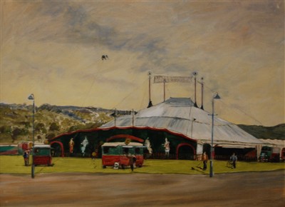 Lot 391 - Sandy Davidson, (20th century), The Circus Collection, a series of four to include Chipperfields 1952, Gerry Cottle 1977, Billy Smarts 1955 and Bertram Mills 1957, each unsigned, oil on board, 44 x...