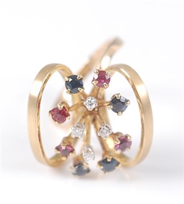 Lot 2613 - A yellow metal multi-stone ruby, sapphire and...