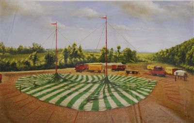 Lot 377 - Thong Sen, (20th century), raising the tent, signed lower right, oil on canvas, 49 x 79cm, unframed