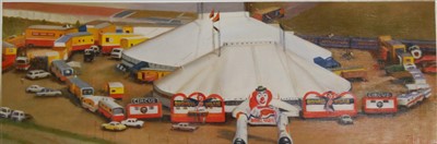 Lot 384 - Thing Sen, (20th century), Boswell-Wilkie Circus, signed lower right, oil on canvas, 19 x 59cm, unframed