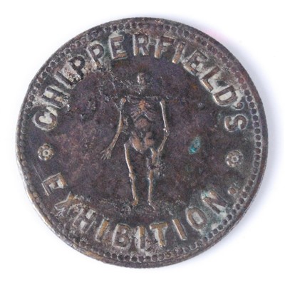 Lot 388 - A Chipperfield's exhibition token, circa 1867-69, thought to be an entry token to Chipperfield's exhibition featuring 'Mr Tipney, the living skeleton', which is recorded in David Jamieson's 'Chippe...
