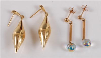 Lot 2769 - A pair of modern hollow 18ct gold ear pendants,...