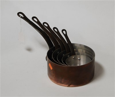 Lot 94 - A graduated set of five copper saucepans, each...
