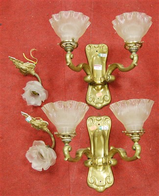 Lot 136 - A pair of Art Nouveau style brass twin sconce...