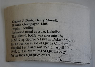 Lot 1303 - Grande Champagne Cognac, 1808, J. Denis Mounie...