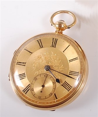 Lot 2232 - An 18ct yellow gold keywind open face pocket...