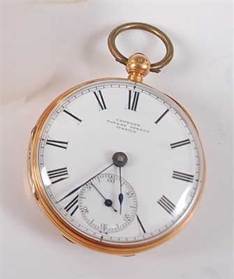 Lot 2234 - An 18ct yellow gold open face keywind pocket...