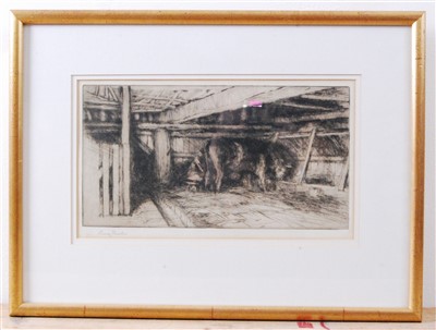 Lot 2390 - Harry Becker (1865-1928) - Milking in the barn,...