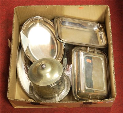 Lot 81 - A box of miscellaneous silver plated wares, to...