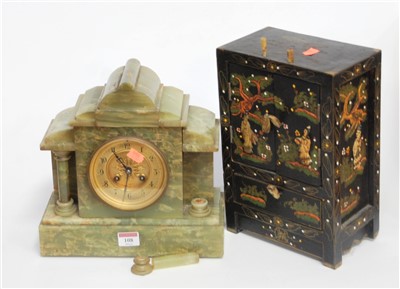 Lot 108 - An early 20th century green onyx cased mantel...