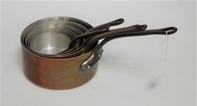 Lot 122 - A graduated set of five copper saucepans, each...
