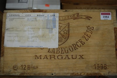 Lot 1084 - Château Labegorce Zédé, 1996, Margaux, twelve...