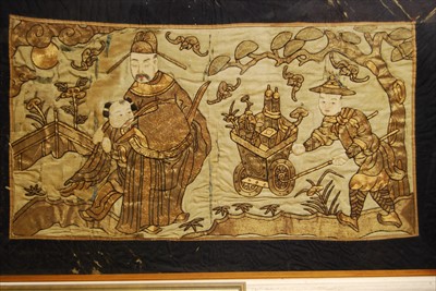 Lot 2357 - An early Chinese embroidered silk panel, woven...