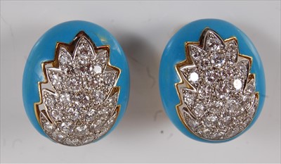 Lot 2209 - A pair of 18ct gold, diamond and turquoise...