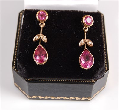 Lot 2069 - A pair of 9ct pink sapphire flower shaped drop...