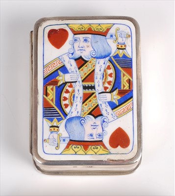 Lot 111 - A silver and enamel table playing card box,...