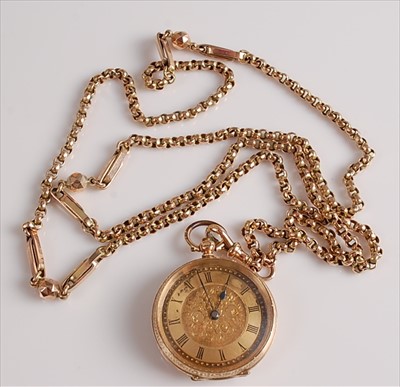 Lot 2134 - A yellow metal open face keywind fob watch,...