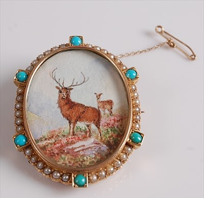 Lot 1210 - A yellow metal oval painted miniature brooch...