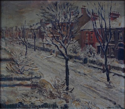 Lot 1056 - Sidney Smith (1912-1982) - Snowy Winter Street...