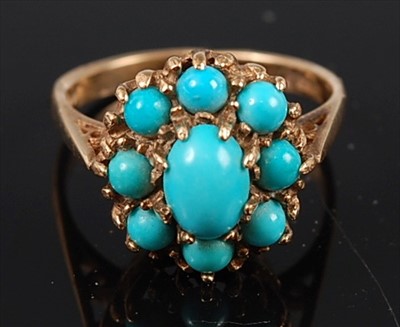 Lot 2155 - A 9ct yellow gold turquoise set cluster ring,...