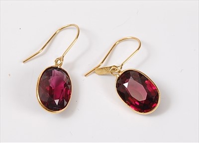 Lot 2159 - A pair of yellow metal rhodolite garnet drop...
