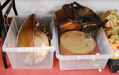 Lot 74 - Two boxes of miscellaneous metalware, to...
