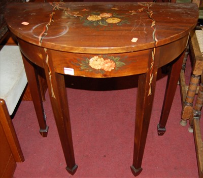 Lot 1223 - A polychrome painted demi-lune side table, w.75cm