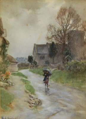 Lot 1043 - GS Nicholls - figure on a country path,...