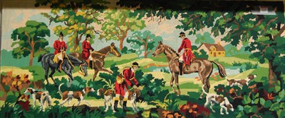 Lot 1059 - A woolwork panel depicting hunting scene,...
