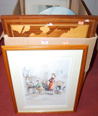 Lot 1082 - A box of assorted pictures, prints, marquetry...