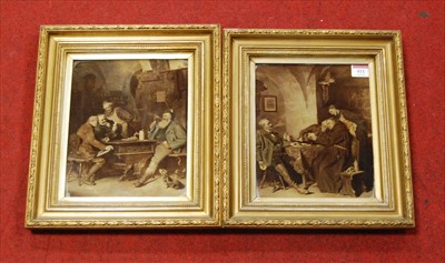Lot 411 - A pair of glass transfer interior scenes, each...