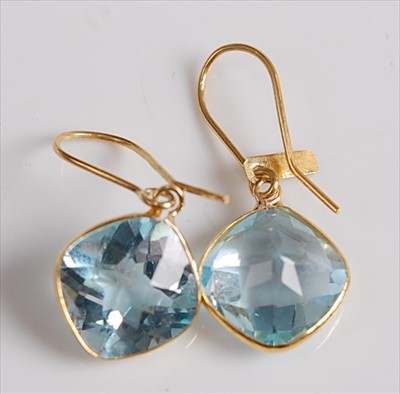 Lot 2185 - A pair of yellow metal blue topaz drop...