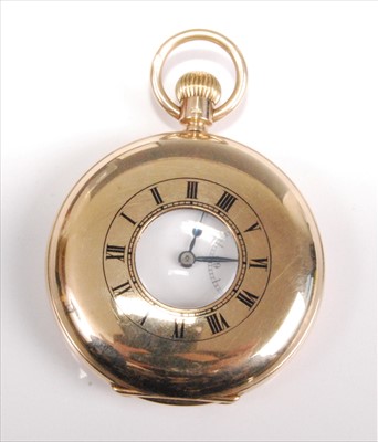 Lot 1258 - A 9ct yellow gold half hunter keyless wind...