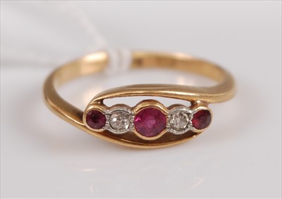 Lot 373 - A circa 1930 18ct gold ruby and diamond five...