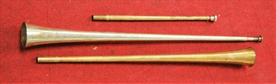 Lot 97 - A copper two piece hunting horn together with...