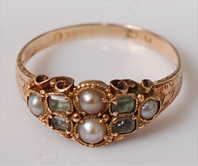 Lot 415 - A Victorian 15ct gold, seed pearl and green...