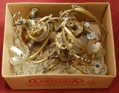 Lot 553 - A pair of brass and cut glass chandeliers;...