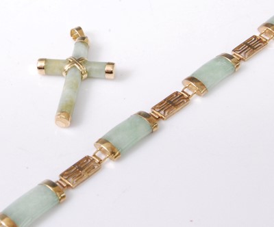 Lot 2039 - A 9ct gold and jadeite sectional link bracelet,...