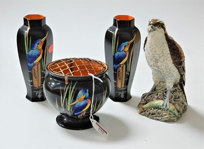 Lot 193 - A pair of Shelley black ground and exotic bird...