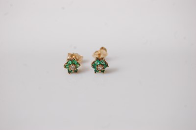 Lot 373 - A pair of modern 9ct gold small emerald and...