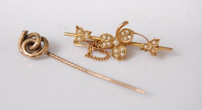 Lot 378 - A 15ct gold seed pearl set bar brooch with...