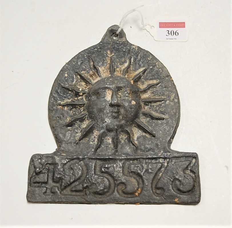 Lot 306 - A Sun Alliance lead fire mark, numbered 425573,...