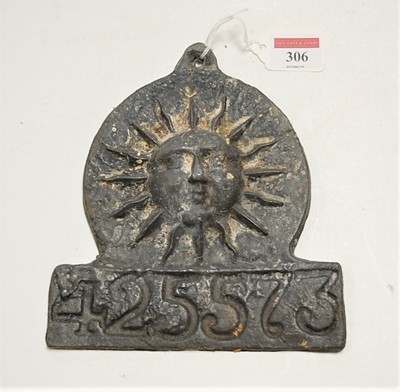 Lot 306 - A Sun Alliance lead fire mark, numbered 425573,...