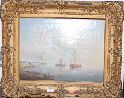 Lot 1034 - E.W. Cooke - Sailing boats on the estuary, oil...