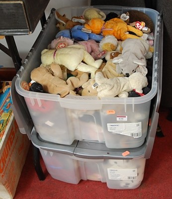 Lot 616 - Two boxes of miscellaneous soft toys, mainly...