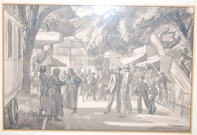Lot 1050 - Eric Taylor - Fairground scene, ink and sepia...