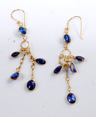 Lot 1218 - A pair of yellow metal sapphire multi-stone...