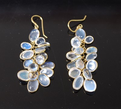 Lot 2581 - A pair of yellow metal moonstone multi-drop...